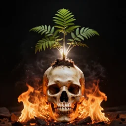 a plant on top of human skull, looking in camera, backlight, black sky, fire burning, ultra detailed, hyper realistic, wide shot, by beksinski, giger, greg rutkowski