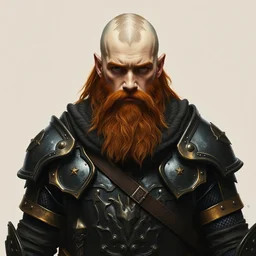 a ginger bearded fantasy young dwarf warrior, black and bronze plate armor, ( ( ( trimmed beard and half shaved head ) ) ), minimalist portrait by alex horsey and daniel docciu and dave dorman and jeff easley