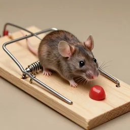 anthropomorphic mouse caught in an enormous mouse trap