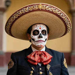Exquisitely dressed calavera mariachi with a intricate Sombrero portrait, 8K resolution, digital art, hyper realistic, intricately detailed, Trending on Artstation, award winning image
