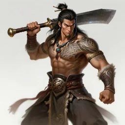a highly detailed illustration of serious long haired tattooed asian tribal warrior man with machete, heroic wielding machete pose, muscular, intricate, elegant, highly detailed, centered, digital painting, artstation, concept art, smooth, sharp focus, league of legends concept art, wlop.
