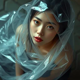 top angle view, wide lens of asian girl draped in clear plastic, beautiful concept painting by caravaggio, ruan jia, jakub rebelka, artgerm, greg rutkowski, edgar maxence