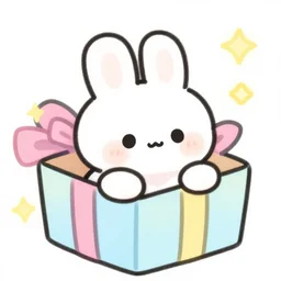 illustration of a cartoonish white rabbit in a gift box, bright colors, pastel colors, highligts