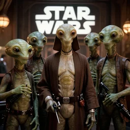 still of Star Wars (1977) cantina aliens looking at camera