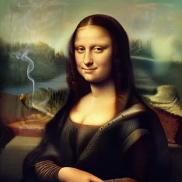 A portrait of mona lisa smoking a giant joint, smoke, 8k, hyper-detailed, cinematic