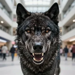 Close up camera footage of a extremely aggressive Feral Black Dire Wolf with severe late stage rabies in an abandoned shopping mall, Wolf Snarling Directly toward camera, It Follows, Terrifying :7 , high exposure, dark, monochrome, camera,  grainy, CCTV, security camera footage, timestamp, zoomed in, Creepy, Feral, fish-eye lens, Rabid, Dire Wolf, Nightmare Fuel, Wolf, Evil, Stalking, Bite, Motion Blur, horrifying, lunging at camera :4 Blood on floors, windows and walls :5