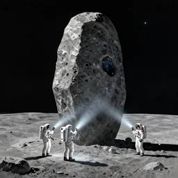 a beautiful artwork illustration, astronauts with flashlights stand in front of a giant obsidian monolith on the moon, by rutkowski and jesper ejsing, featured on artstation, wide angle, vertical orientation