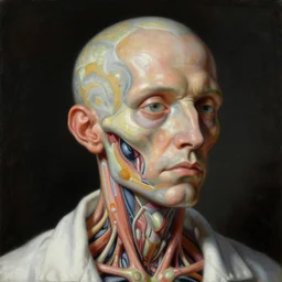 baroque neoclassicist minimalist colorful sci - fi close - up portrait of mad scientist's anatomy. reflective detailed textures. studio lighting, dark background. highly detailed fantasy science fiction painting by, moebius, norman rockwell, frank frazetta, and syd mead. high contrast. artstation