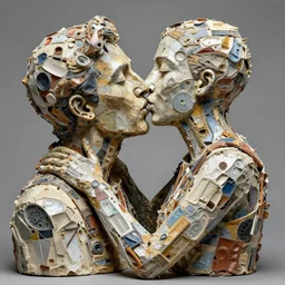 The kiss, sculpture by a famous artist made of recycled materials