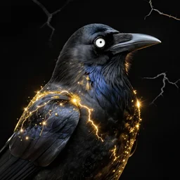 beautiful raven, large electrical gold sparks, glowing lightening, smooth, delicate features, white detailed eyes, cracking on black background, by daniel arsham and james jean