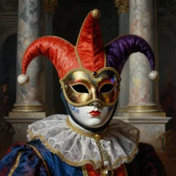 a baroque neoclassicist close - up portrait of a colorful uv jester wearing an iridescent retrofuturistic venetian carnival mask at a masquerade, large marble architecture in background. renaissance portrait painting. highly detailed science fiction painting by norman rockwell, frank frazetta, and syd mead. rich colors, high contrast, gloomy atmosphere, dark background. trending on artstation