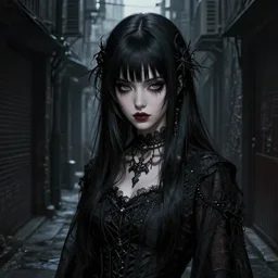 goth japanese woman in a dark alley, Mark Edward Fischbach, intricate, highly detailed, digital painting, artstation, concept art, smooth, sharp focus, illustration, Unreal Engine 5, 8K, art by artgerm and greg rutkowski and alphonse mucha