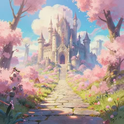 a dreamy otherworldly 3 d render of stone pathway to post - apocalyptic abandoned castle, studio ghibli, pixar and disney exploded - view drawing, sharp, disney octane render splatter paint vray by shinji kimura and alphonse mucha and alena aenami, maximalist pastel color palette, ( ( bloom ) ), dramatic lighting