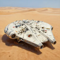 Millennium Falcon found in the desert, highly detailed painting