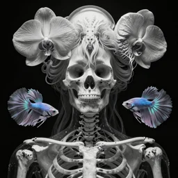 close-up portrait goddess skull, thorax, x-ray, backbone, jellyfish phoenix head, nautilus, orchid, skull, betta fish, bioluminiscent creatures, dark deep background, intricate artwork by Tooth Wu and wlop and beeple. octane render, trending on artstation, greg rutkowski very coherent symmetrical artwork. cinematic, black and white, contrast, hyper realism, high detail, octane render, 8k