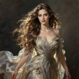 portrait of a female wizard in flowing sensual dress, long flowing hair, delicate, looking at camera, slightly smiling, realistic face, stylish, elegant, extremely detailed painting inspired by Gerald Brom, studio lighting