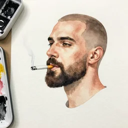 watercolor painting of a man with a beard smoking a cigarette, he is wearing a brown sweater, dark style, dramatic lighting