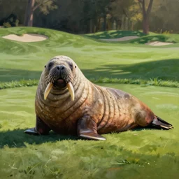 a painting of a walrus lying on a golf course,