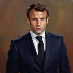 highly realistic painting of Emmanuel Macron in American Psycho (1999)