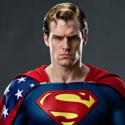 portrait of a evil blonde superman two sides hair and thin face lines, his cape is the american flag, he is angry, 8 k, hyper realistic, movie imax shot, film, cinematography, red