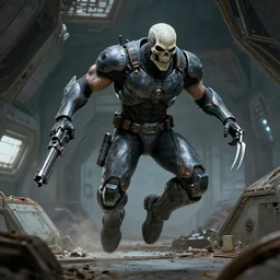 a muscular, athletic cyborg assassin in skin - tight futuristic armor in an abandoned space station, skull face, berserk, metal claws, futuristic gun, leaping, attacking, full body, frank frazetta