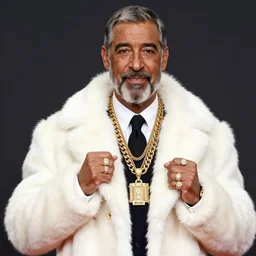 mr. rogers in full length mink coat, big gold chains, three finger rings, og hustler, status, flossing, drip