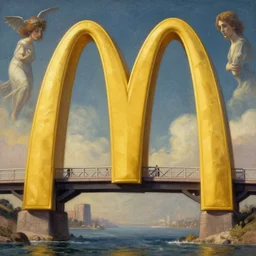 a bridge in the shape of the mcdonalds logo, fantasy, detailed, photo realistic art by artgerm and greg rutkowski and alphonse mucha