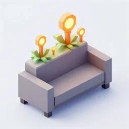 isometric object is a low poly isometric sofa with alien aesthetic inspired by pandora in the avatar movie, it has bioluminescent plants growing on top of it, beautiful neon orange - yellow with blue hints and it's bedecked with some sparkling crystals all over the place. a dark place, night isometric ambient black background neon. behance, pinterest