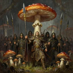 Mushroom soldiers holding spears, army of mushrooms, dark fantasy, by Greg Rutkowski, epic, awe-inspiring, oil painting, beautiful, detailed