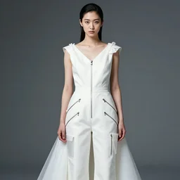 a portrait of a japanese model detailed features wearing a wedding dress - chic'techno fashion trend lots of zippers, pockets, synthetic materials, jumpsuits. - by issey miyake by ichiro tanida and mitsuo katsui