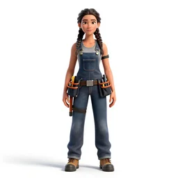 braided-hair electrician with tool belt, detailed 3d character render, full body, standing, isolated on a pure white background, centered, whole figure in frame, sharp focus, studio lighting