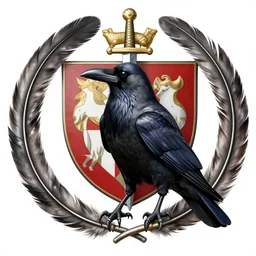 a crow, with a circle of metal feathers surrounding, sword and sheild background, full colour, family crest, coat of arms, very detailed, jonathan pointer, janie penny,