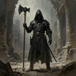 a hyperdetailed painting of a dark executioner wielding a huge axe standing in the middle of an ancient ruined temple, epic, gritty, dark soul concept, by beksinski, ruan jia, trending in artstation