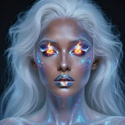 beautiful portrait of a middle eastern dark skin woman ghost with holographic light makeup, eyes of fire, glitched lipstick, porcelain hair, translucent cosmic skin, surreal, in the style of steven meisel, detailed