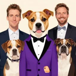 portrait illustration of funny dog in the purple tuxedo by jeremiah ketner, quint buchholz, wlop, dan mumford
