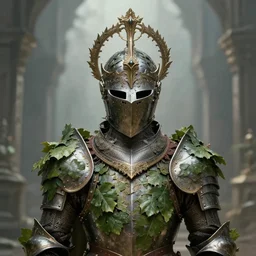 hight focus f - 2 2, 8 5 mm : a wonderful realistic focused portrait of knight with a detailed wonderful symmetrical headdress, dressed with armour made of leaves, dramatic light, dystopian environment, intricate, elegant, highly detailed, centered, digital painting, artstation, concept art, smooth, sharp focus, illustration, artgerm, tomasz alen kopera, peter mohrbacher, donato giancola, joseph christian leyendecker, wlop, boris vallejo