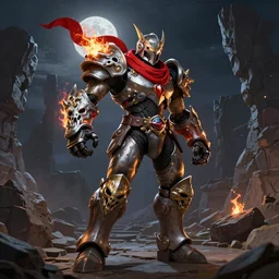 Biomechanical armored Knight wearing a red scarf on fire at the ends with dragon skull gauntlets standing in a rock quarry, moonlit night, full body single character, League of Legends Character Splash Art, rubber suit, Arcane style, action scene, fight scene, good value control, high quality, 4k, ultra realistic, highly detailed, illustration, promotional image, matte painting, rule of thirds, centered, cinematography