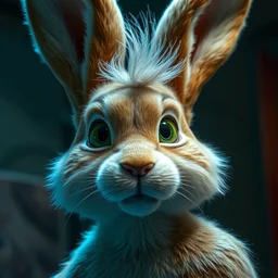 1. 5 metres tall anthropomorphic bunny, green eyes, light brown fur, light hair, wlop, artgerm, highly detailed, dramatic lighting