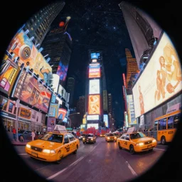 a detailed beautiful matte painting of time square under a starry night sky, signs, neon signs, taxis by Mikko Lagerstedt and Michal Karcz, fisheye lens
