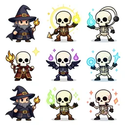 spritesheet containing a chibi wizard and skeleton enemies of different magic types, colored lineart