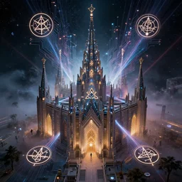 masonic temple in space, technology and magick, circuitry and sigils combined, photorealistic, royo, frazetta, leds, dust, laser light, crystalline shimmers, chaos, complexity, emergence,