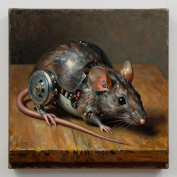 a half mechanical mouse on a wooden table, oil painting by caravaggio, renaissance art, oil on canvas, wet - on - wet technique, realistic, expressive emotions, intricate textures, illusionistic detail