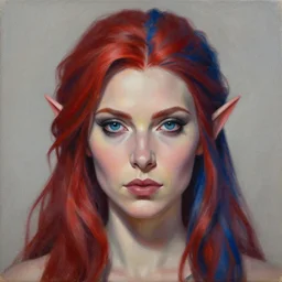 A detailed matte oil on canvas head on symmetrical portrait of a distinguished elven woman with separated red and blue hair (((((makeup))))) by Charlie bowater and lise deharme wlop, trending on artstationhd,  dungeons and dragons art critical role