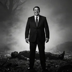 Ted Cruz with a wide grin standing on a hill with a dead body in the background, black and white, creepy lighting, foggy atmosphere, scary, horror, ornate, eerie, fear