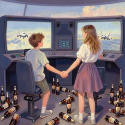 a boy and a girl playing flight simulator together, holding hands, there are a million empty bottles of guinness lying everywhere, professional artwork by pascal campion and anton fadeev, trending on artstation, focus on boy and girl, pastel colors, extremely detailed, gorgeous