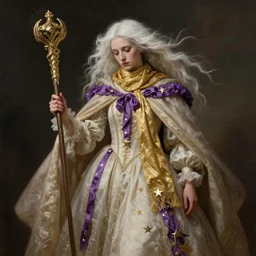 a wizard with white hair and a gold scarf, windy, cape, purple ribbons, stars, melancholic, modern maximalist fashion dress, is ( ( holding a staff ) ). light dust, magnificent, hyperdetailed, theatrical, painted by jean honore fragonard and gaston bussiere and greg rutkowski