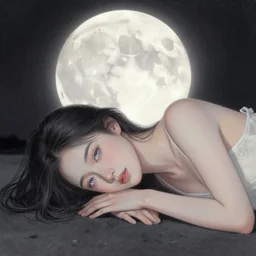 a woman laying on the ground in front of a full moon, a detailed drawing by muqi, featured on pixiv, neo - romanticism, shiny eyes, feminine, ethereal