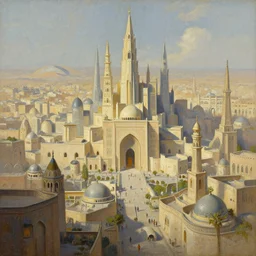 a beautiful painting of epic fantasy islamic city and zaha hadid city by alan lee, trending on artstation