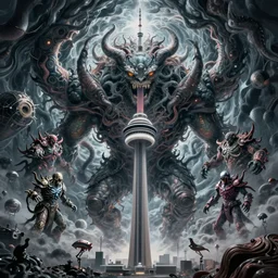 Ominous cinestill of Gargantuan, Mastodonic, Inter-Dimensional Behemoth Entity Monster cocoon hibernating on the Toronto CN Tower, designed by Moebius, GANTZ, H.R. Giger, 2022, directed by James Cameron, denis villeneuve