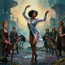 realistic detailed portrait movie shot of a beautiful black woman in a transparent sheer suit raincoat dancing with a giant spider, futuristic sci fi landscape background by denis villeneuve, jean delville, monia merlo, ernst haeckel, alphonse mucha, max ernst, caravaggio, roger dean, sci fi necklace, masterpiece, dreamy, rich moody colours